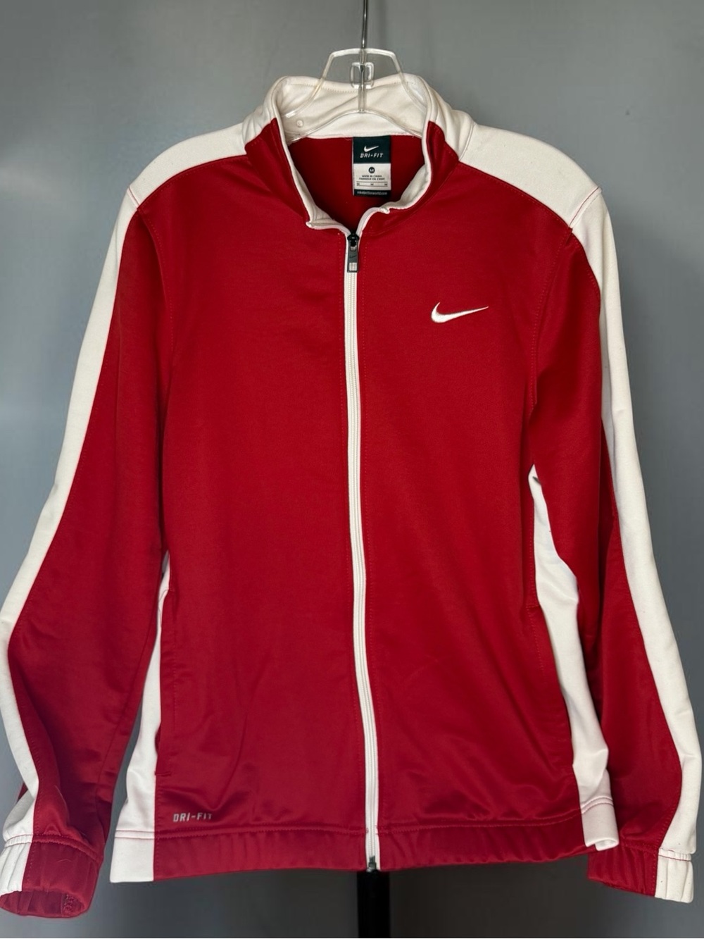 Nike Red and White Full Zip-Front Dri Fit with pockets M
